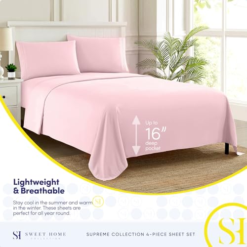 Pink Full 1800 Thread Count Egyptian Microfiber Sheet Set with Elastic Fitted Sheets