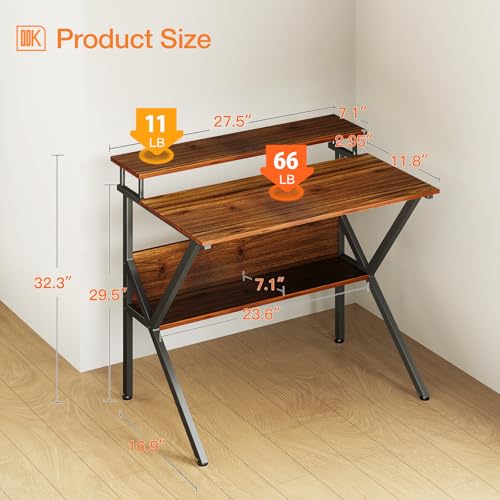 ODK 27.5 Inch Small Desk with Storage & Monitor Stand, Deep Brown