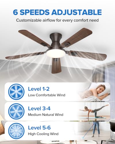 52-Inch Ceiling Fan with Lights and Remote Control - Brown, Flush Mount, 6 Speeds
