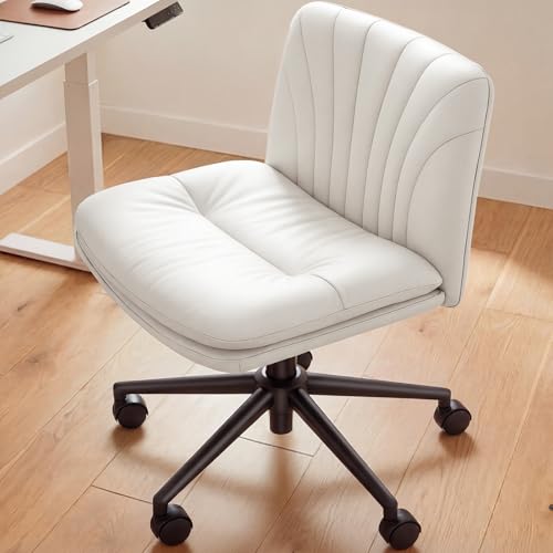 Armless Office Desk Chair with Wheels - PU Leather Wide Swivel Task Chair, Adjustable, Light Beige