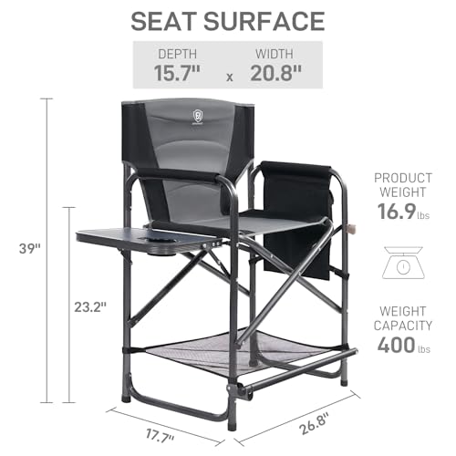 Ever Advanced 23.2-Inch Grey Medium Tall Director's Chair with Side Table & Cup Holder
