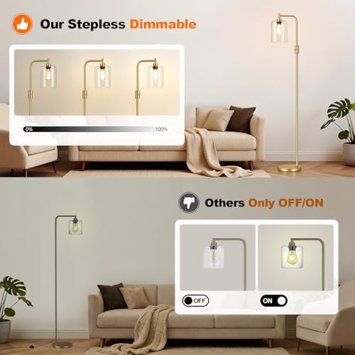 Dimmable Gold Floor Lamp with Clear Glass Shade - Modern Arc Standing Lamp for Living Room, Bedroom, Office - 900LM LED Bulb Included - Variation: Clear Glass-Gold