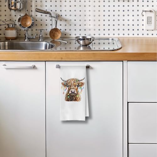 Highland Cow Christmas Towel - 16x24 In Waffle Dish Tea Kitchen Towel ( Highland Cow-05 )