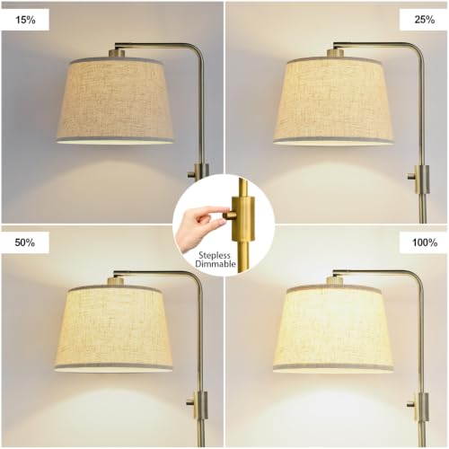 Dimmable Brass Floor Lamp with Linen Shade - Modern Arc Standing Lamp for Living Room & Bedroom