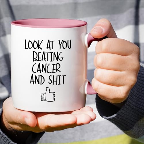 Retreez Funny Cancer Beating 11oz Ceramic Mug - White with Pink Handle & Inner
