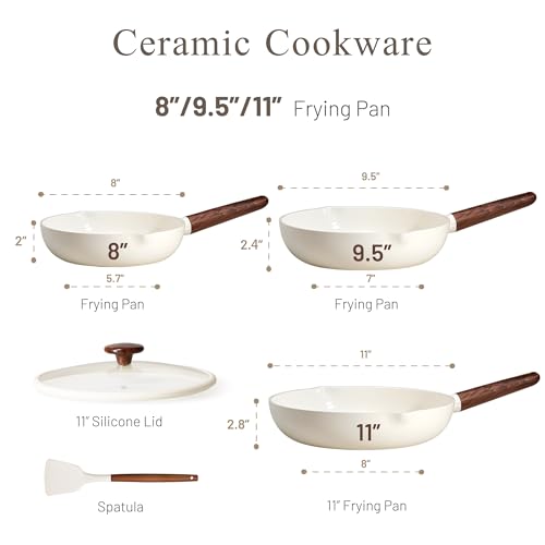 CAROTE Nonstick Frying Pan Set 8", 9.5", 11" Ceramic Coating Skillets with Lid & Spatula