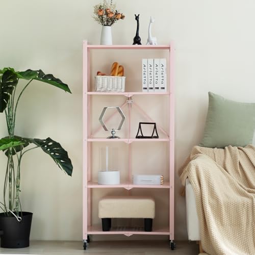 Pink 5-Tier Foldable Metal Storage Shelves on Wheels - Heavy Duty Organizer