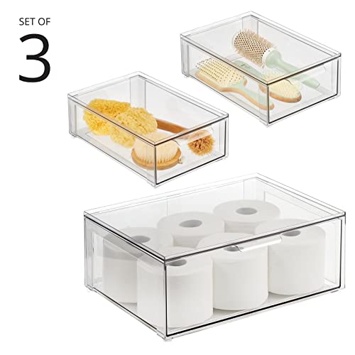 mDesign Clear Plastic Stackable Bathroom Storage Bin Set with Front Pull Drawers