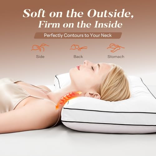 Queen Size Feather Down Pillow Set of 2 - Medium Firm Hotel Collection Gusset Design