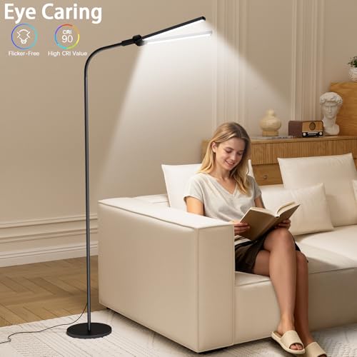 Black Dual-Head Dimmable LED Floor Lamp with Remote & Touch Control - Adjustable Gooseneck, Eye-Caring Tall Lamp for Living Room, Bedroom & Office