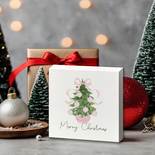 JWVK Pink Ribbon Chinoiserie 5x5 Wooden Box Sign - Grandmillennial Christmas Decor, Color-4