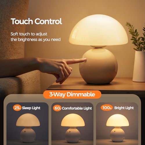 White Wireless Mushroom Table Lamp with 5200mAh Battery - Modern Touch Bedside Light