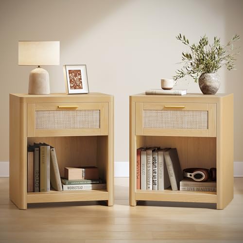 VASAGLE Boho Nightstands Set of 2 - Oak Beige Rattan Look, 15"D x 18.9"W x 23.6"H