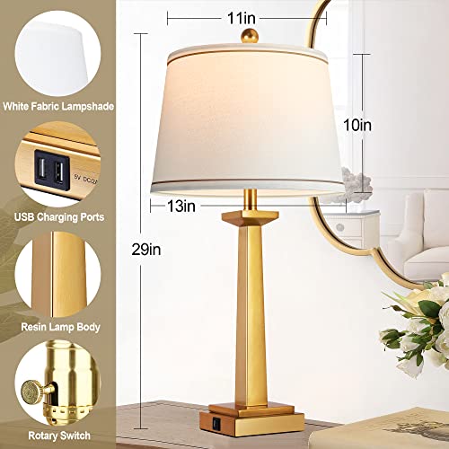 Gold 29-Inch Modern Table Lamps Set of 2 with USB Charging & 3-Color Temp