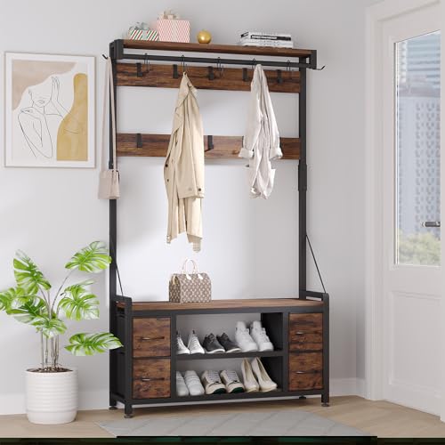 39-Inch Hall Tree with Storage Bench and Coat Rack - Rustic Brown