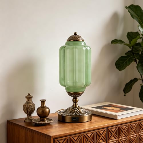 Vintage Touch Table Lamp with Green Milk Glass Shade & Antique Brass Base, 3-Way Dimmable Desk Light with USB Charging