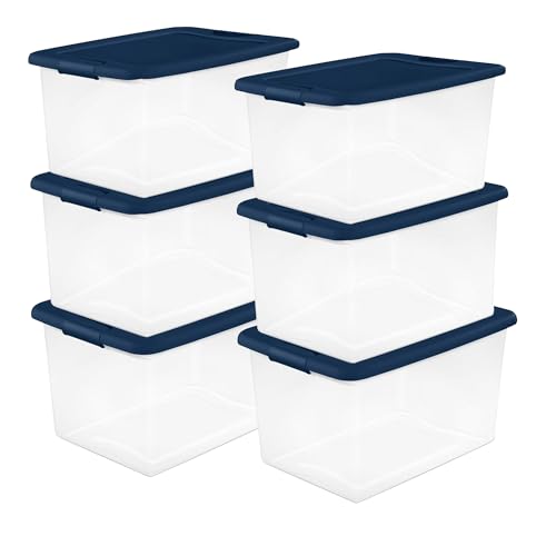Sterilite Large Clear Plastic Storage Bin - 64 Quart, Marine Blue, 6-Pack
