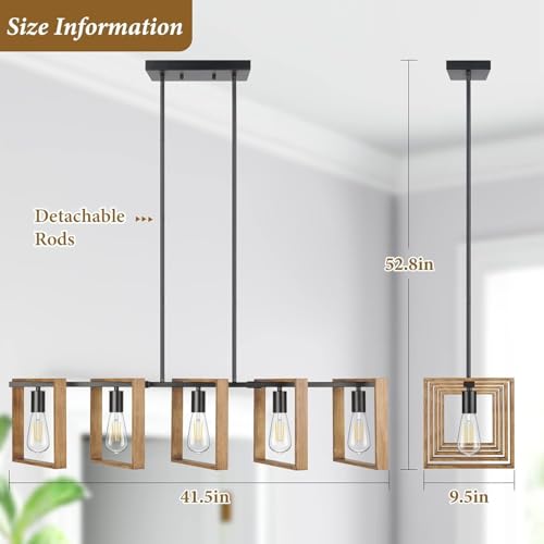 Brightever Wood Farmhouse Kitchen Island Light 5-Light Adjustable Pendant, Rustic Black Finish