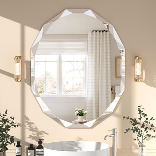 24x30 Inch Frameless Bathroom Mirror - Round, Diamond Beveled Edge, Wall Mount, Over Sink, 30L x 24W - Gray Finish