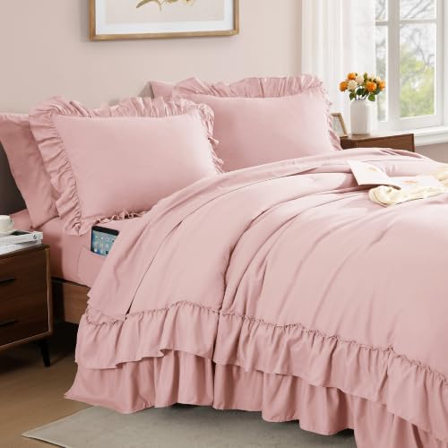 King Size Pink Ruffle Comforter Set - Farmhouse Bed in a Bag, 7 Pieces - Soft & Cozy, Elegant Bedding with Pillowcases - Variation: Soft Pink / King