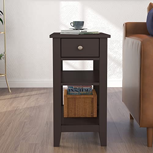 ChooChoo Espresso Side Table with Drawer & Shelves - Living Room Accent Furniture