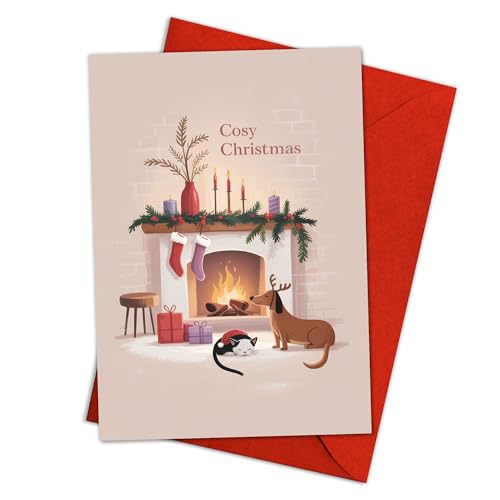 Cozy Christmas Greeting Card with Envelope - Fireplace Scene, Dog & Cat Design, Scandinavian Holiday Style, 5.3x8in