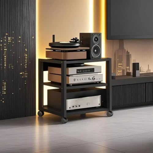 Black 3-Tier AV Media Stand, Heavy Duty Audio Rack Tower, Adjustable Shelves