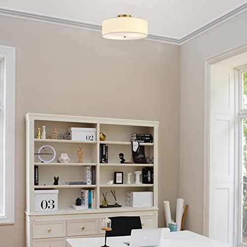 Flush Mount Ceiling Light with Linen Shade - Matte Brass 2-Light Fixture