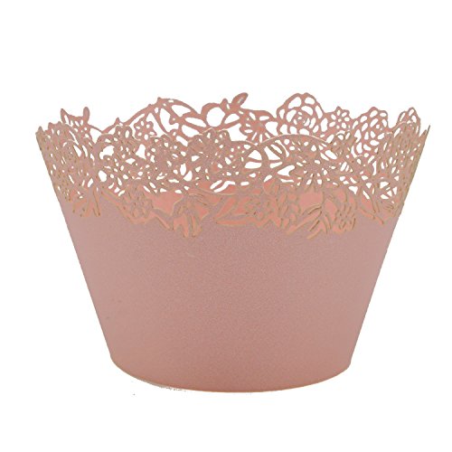 Cupcake Wrappers Pack of 50 Pink Filigree Artistic Bake Cake Paper Cups Little Vine Lace Laser Cut Liner Baking Cup Muffin Case Trays for Wedding Party Birthday Decoration -By KEIVA