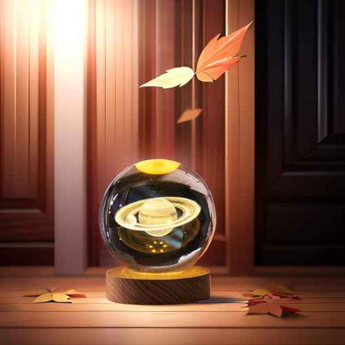 3D Saturn Crystal Ball Night Light with LED Stand, Saturn Planet Figurine Lamp Decoration Glass Sphere Paperweight Decorative Balls,Suitable as Night Lights Bedroom Decorations(3.15 in,80mm)