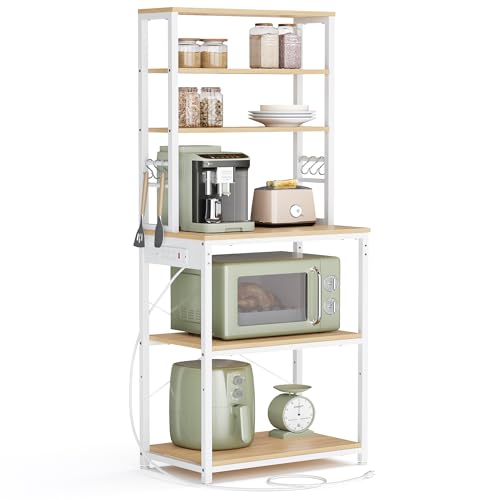 VASAGLE Coffee Bar & Kitchen Storage Rack with Power Outlet, 23.6" Golden Oak & White