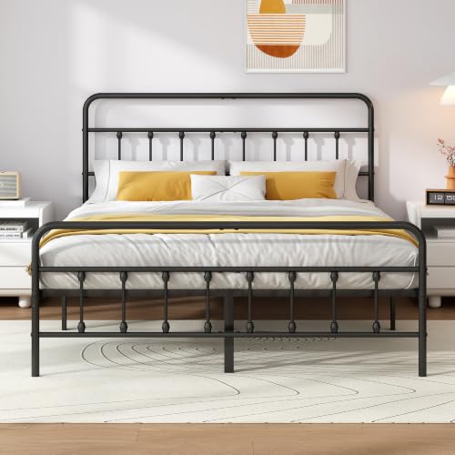 Full Metal Bed Frame with Victorian Headboard and Footboard - Black, Easy Assembly