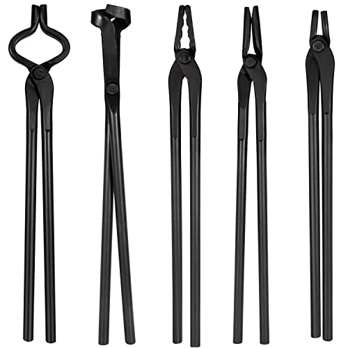 Blacksmith Tongs Tools Set - 5-Piece Forging Tongs for Knife Making & Heavy Duty Use - Flat, Square, Bolt, Blade, Wolf Jaw