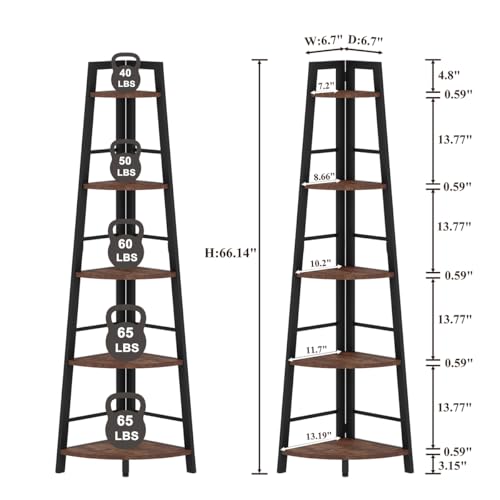 Corner Ladder Shelf Stand - 5-Tier Rustic Oak Corner Bookcase for Living Room & Office