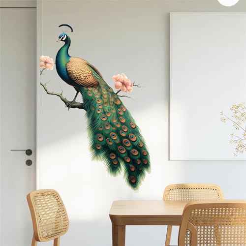 Green Peacock Peach Blossom Painted Wall Stickers, sacinora Beautiful Art Wall Decals Removable Vinyl Peel and Stick for Living Room Bedroom Door Backgrounds Home Decorations