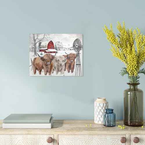 Highland Cow Pictures Christmas Decor: Merry Christmas Wall Art Cow Paintings Farmhouse Decor Rustic Barn Canvas Prints Winter Farm Scene Posters Xmas Holiday Indoor Wall Decorations 10"x12"