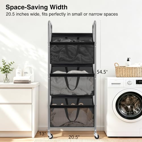 Black Mesh 3-Tier Vertical Laundry Hamper with Removable Bags, Rolling & Lockable Wheels