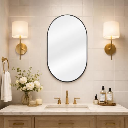 20x28 Inch Black Oval Bathroom Mirror - Wall Mount Wall Mirror with Frame - Modern Vanity & Wall Decor