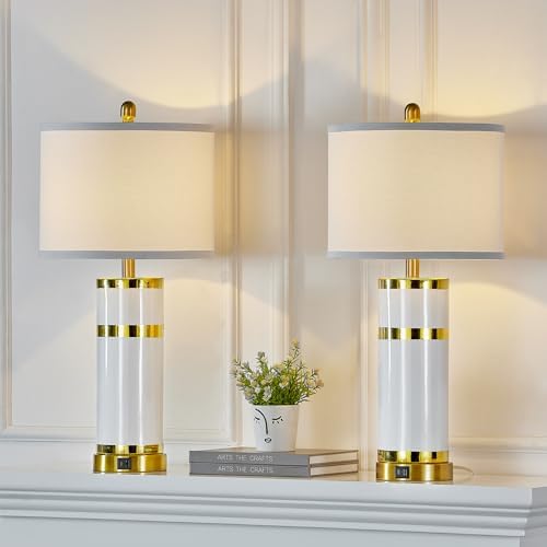 Creamy White 28-Inch Ceramic Bedside Table Lamps Set of 2 with Gold Accents