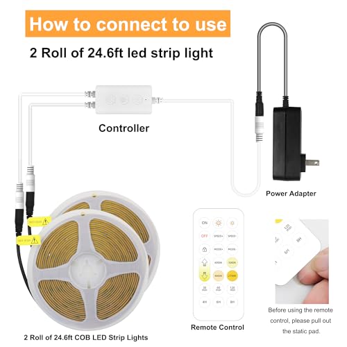 49ft Tunable White COB LED Strip Lights - Dimmable 2700K-6500K RGBW Light Kit with Remote