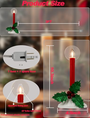 Adirxon Red Plug-in Christmas Window Candle Lights 2-Pack with Extra Bulbs, Warm White Glow