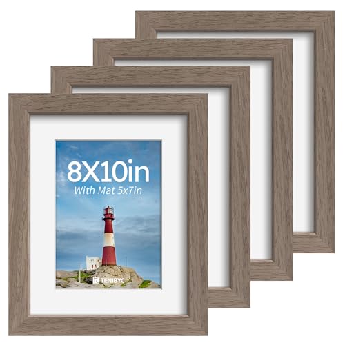 TENIBYC Walnut 8x10 Picture Frame Set with Mat - 4 Pack, Glass, Wall & Tabletop Display