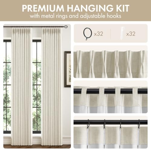MIULEE Natural Linen Blackout Curtains 40x90 Inches Pack of 4 - Pinch Pleated Dual-Layer Window Drapes