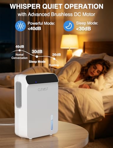 CLEVAST 2L Quiet Dehumidifier for Bedroom & Bathroom, 500 sq.ft, with Drain Hose