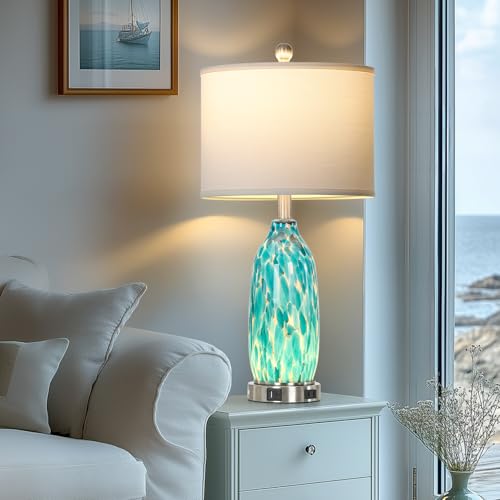 Peacock Green Glass Table Lamps Set of 2 with USB Ports & Night Light - Coastal Nautical Bedside Lamps