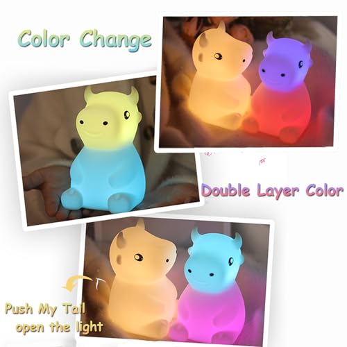 Night Light for Kids, Cute Night Lamp Bedroom Cow Nightlight for Baby Girl Boy Teem, Battery Powered Silicone Animal Night Lamp Christmas Birthday Gifts