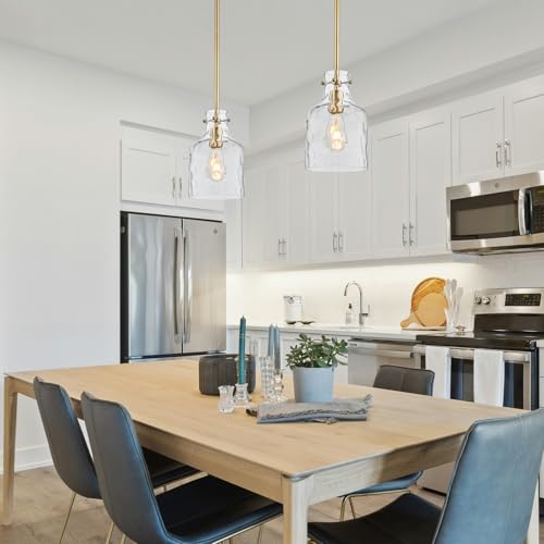 Pendant Light Fixture with Hammered Glass Shade - Gold Finish, 7 Inch, Adjustable Hanging for Kitchen Island & Dining - Variation of Gold Hammered Glass / 1-Light