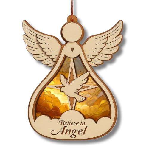 TSIMPLE Angel Ornament for Christmas Tree & Car Rearview Mirror – Religious Holiday Decoration, Double Layer Wood & Acrylic, Holiday Keepsake (Angel Listing)