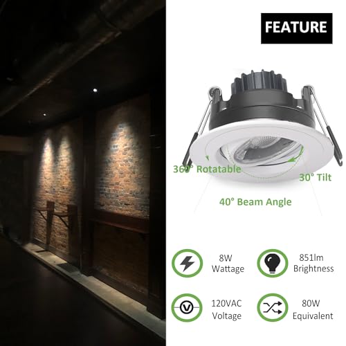 3 Inch Gimbal LED Recessed Lights - Adjustable Downlight, White, 6 Pack