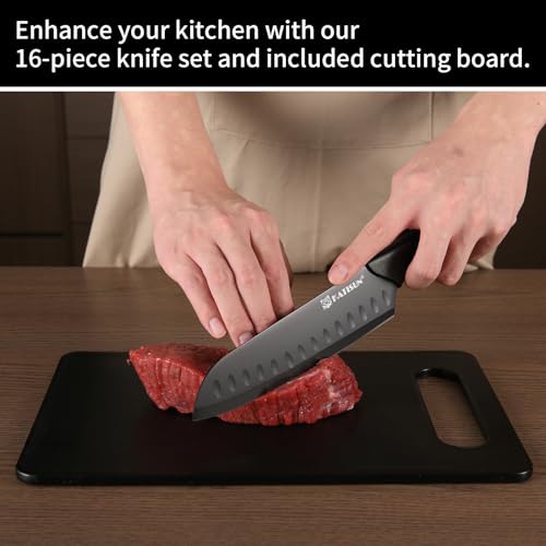 17-Piece Black German Steel Kitchen Knife Block Set with Cutting Board & Sharpener